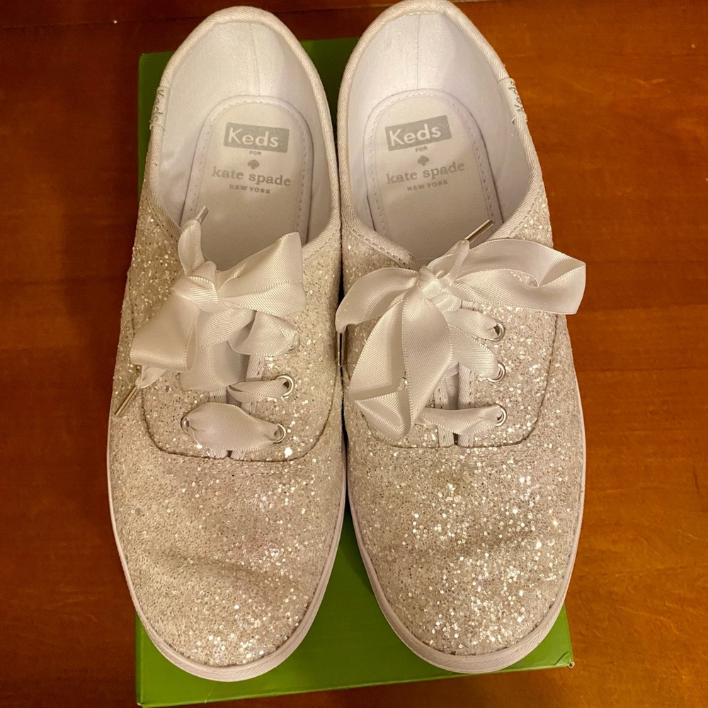 White glitter Kate Spade keds. Good condition, only worn once for wedding!